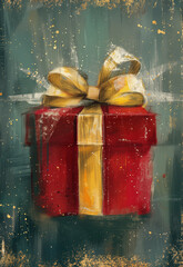 Wall Mural - Ai generated illustration of a beautifully wrapped Christmas gift with a prominent gold ribbon and bow