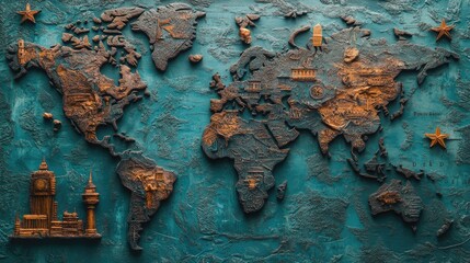 Poster - An artistic world map with abstract travel elements, creating a visually appealing backdrop for travel content. Ample copy space.
