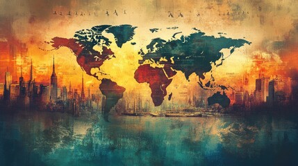 Poster - An artistic world map with abstract travel elements, creating a visually appealing backdrop for travel content. Ample copy space.