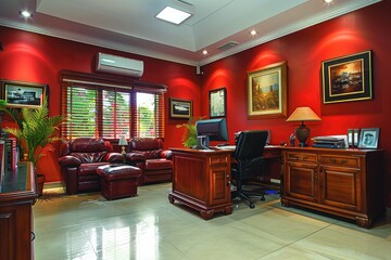 Poster - Red Wall Office with Wooden Desk and Leather Chairs