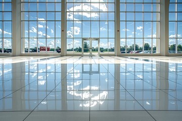 Poster - Reflective Floor with Sky and Clouds in a Modern Building