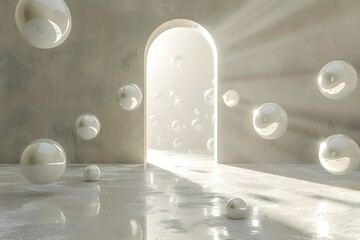 Canvas Print - Ethereal Space with Floating Bubbles and Illuminated Archway