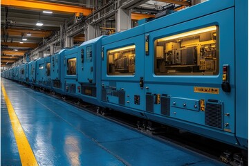 Wall Mural - Row of Blue Industrial Machinery in a Factory