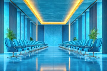 Poster - Rows of Blue Chairs in a Modern, Bright Interior