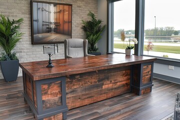 Wall Mural - Rustic Wooden Desk with a View in a Modern Office