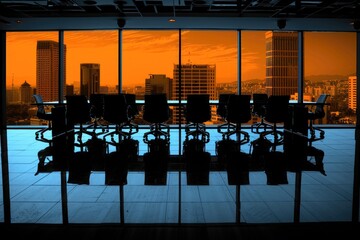 Poster - Silhouettes of Empty Office Chairs Facing a City Skyline at Sunset