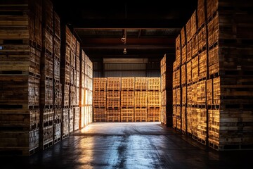 Poster - Stacked Wooden Pallets in a Warehouse with Sunbeams