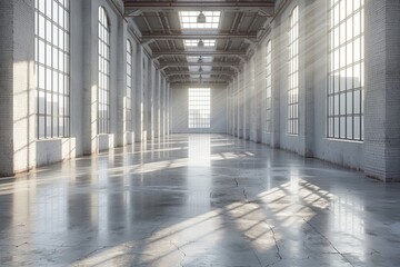 Poster - Sunbeams Streaming Through Windows in a Large Empty Industrial Space