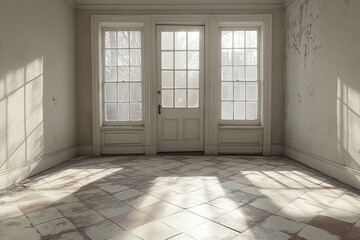 Poster - Sunlit Room with Damaged Walls and Tiled Floor