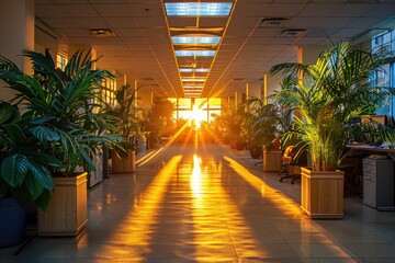 Poster - Sunset Rays Illuminating an Office Hallway with Greenery