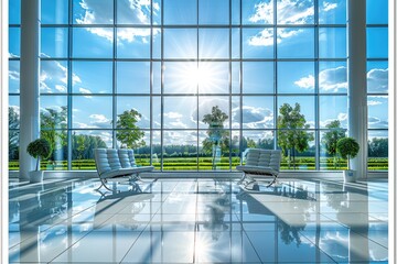 Wall Mural - Two Chairs Facing a Large Window with a View of a Sunny Blue Sky and Green Trees