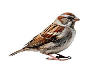 Homesteader house sparrow resting, wings folded, delicate feathers highlighted, positioned center-frame against a stark white backdrop, soft shadow beneath its form