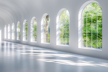 Poster - White Hallway with Arched Windows and Sunlight Streaming In