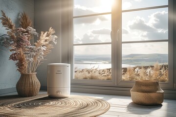 Wall Mural - White Humidifier on a Straw Mat in Front of a Window with a View