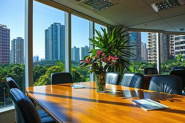 Poster - Wooden Conference Table with City View from a High Rise Office