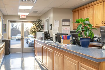 Poster - Wooden Countertop with Blue Laminate and Plant in Office Setting