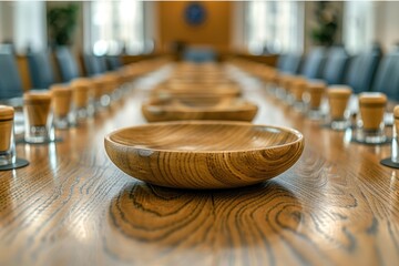 Wall Mural - Wooden Bowl on a Table in a Conference Room