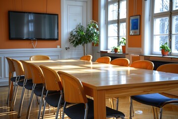 Wall Mural - Wooden Table with Chairs in a Room with a TV and Windows