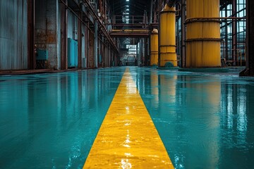 Poster - Yellow Line Leading Through a Wet Industrial Interior