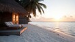 ©  Jovaduplex - A charming wooden hut by the beach with a recliner underneath lush palm trees. The scene is set at dusk, capturing the tranquil seaside ambiance.