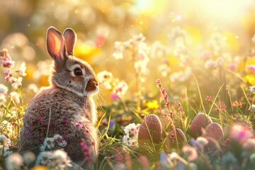 A rabbit is sitting in a field of flowers, generative ai image