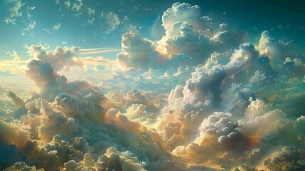 Poster - A breathtaking view of a vast, fluffy cloud formation illuminated by the golden rays of the setting sun.