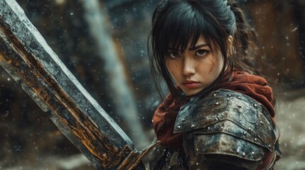 Medieval Female Warrior with big sword ready for battle moment background wallpaper AI generated image