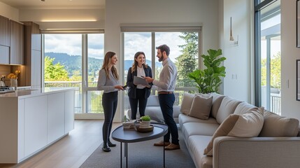 Poster - professionals engaging in a business discussion in a modern living room with large windows and a sce