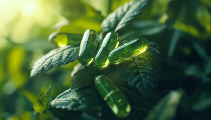 Natural vitamin capsules with green leaves  a look at alternative medicine solutions