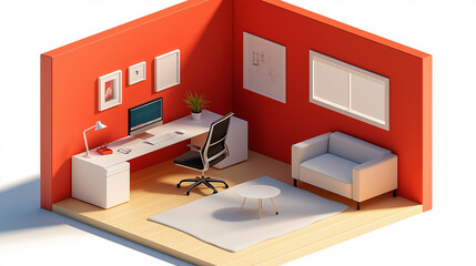 Poster - Modern and minimal office space in isometric view with red walls