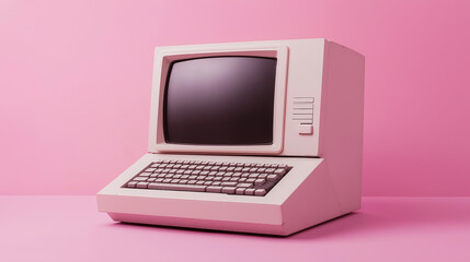 Poster - Old personal computer standing on pink background