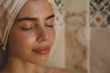 Young beautiful woman in hamam, self-care and tranquility