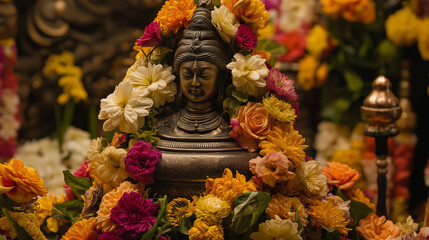 Wall Mural - Bronze bust of shiva adorned with colorful flowers in temple