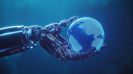 Poster - Robot hand holding glowing earth globe, artificial intelligence technology