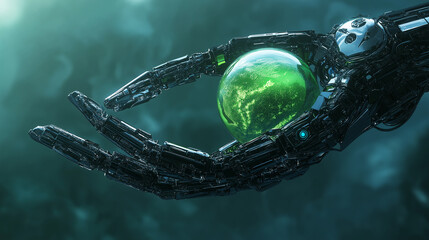 Poster - Robot hand holding green planet earth globe showing concept of environment protection