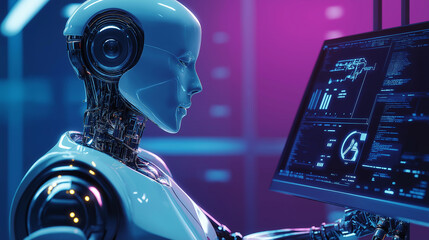 Fototapete - Modern robot working with big data on computer in futuristic laboratory