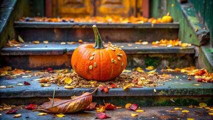 Poster - A vibrantly colored smashed pumpkin lies on a rusty metal porch step, surrounded by scattered pulp and seeds,