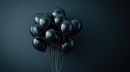 An artistic display of floating black balloons creating an elegant silhouette against a smooth dark background, capturing a modern and stylish celebration mood.