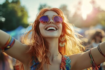 Young woman with vibrant red hair is joyfully dancing at an outdoor music festival, surrounded by a lively crowd under the golden hues of the sunset, exuding happiness and carefree energy