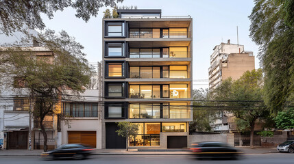 Poster - Modern concrete apartment building with balconies at dusk in the city