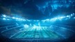 © Helois - An empty soccer stadium lit by blue spotlights with smoke and clouds in the air.