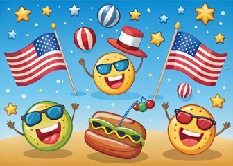 Colorful cartoon illustration of American flags, patriotic banners, and smiling summer icons, including