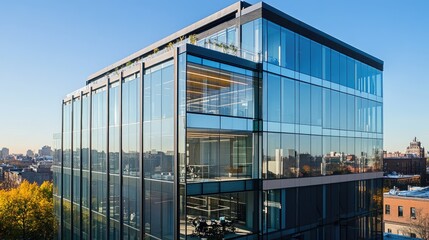 Poster - Modern Glass Office Building with City Skyline Reflections