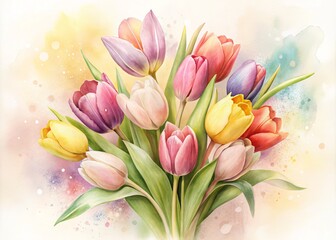Wall Mural - delicate, dreamy watercolor illustration of a vibrant tulip bouquet in soft pastel hues, set against