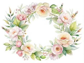 Sticker - Delicate, dreamy watercolor wreath with soft floral blooms and foliage in pastel hues, perfect for spring, Easter, or