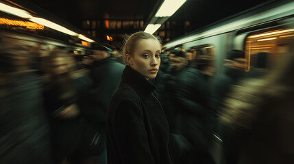 Aufkleber - Young woman standing on subway platform as train arrives and crowd rushes by