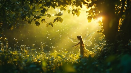 Wall Mural - Forest Fairy in Deep Magical Summer Forest