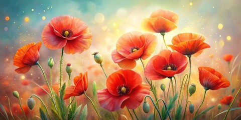 Poster - Delicate watercolor brushstrokes dance across the page, bringing to life a vibrant bouquet of red poppies, softly