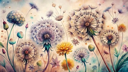 Canvas Print - Delicate watercolor dandelion blooms and seedheads entwine with intricate, whimsical tattoo-inspired designs on a soft,