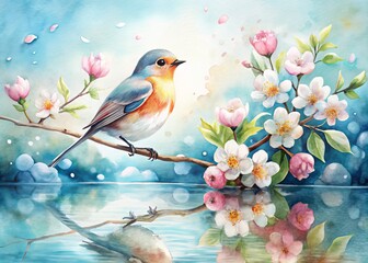 Wall Mural - Delicate watercolor illustration of a serene bird perched on a blooming branch, surrounded by soft petals and gentle